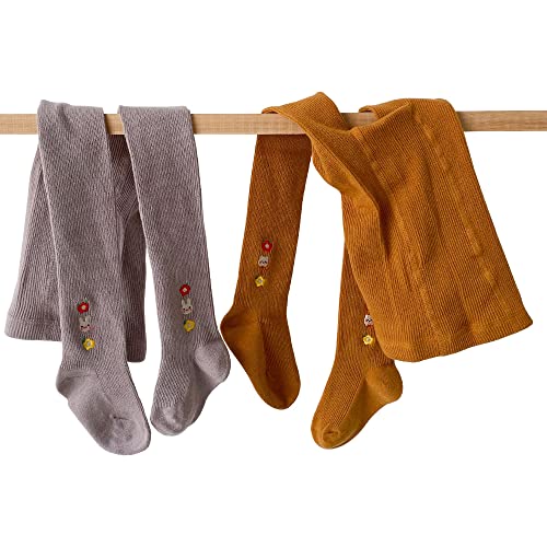 Snegyu 2 Pack Cute Warm Kids Girls' Knit Cotton Tights Baby Girl Leggings Floral Embroidery Patterned Toddler Pantyhose