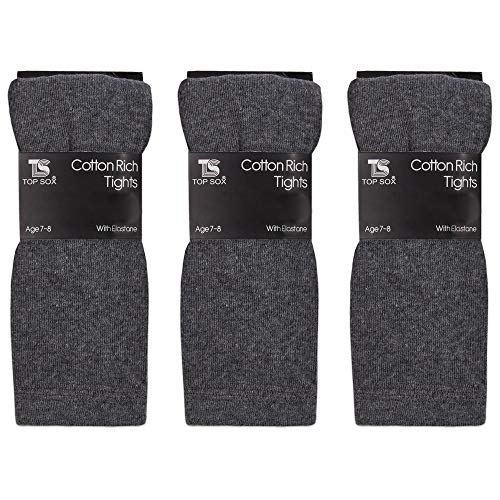 Girls Childrens 3 Pairs Plain Tights Back To School Everyday Cotton Rich Leggings Grey 5-6