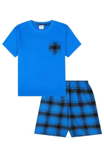 Boys Blue Short Tartan Check Shorts Pyjama Set Pjs For Kids (15-16 Years)