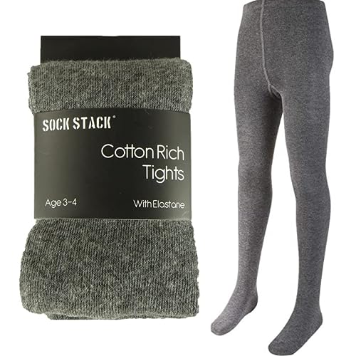 Sockstack Pack Of 3 Girls Tights, Soft Cotton Rich Lycra School Tights, Black Navy Grey (5/6 Years, Grey)