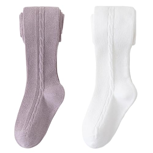 Fadcaer 2 Pack Warm Tights for Girls' Kids Girls School Tights Cozy Warm Girls Tights,Ballet Tights Girls Knit Cotton Rich Girls Kids Leggings Pantyhose for 5-8 Years (White+Purple)
