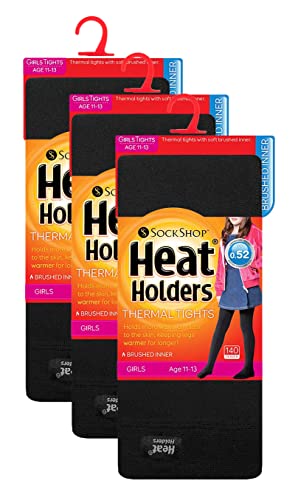 HEAT HOLDERS 3 Pair Multipack Girls Thermal Tights for Winter Kids Fleece Insulated Opaque Tights (11-13 Years, Black)