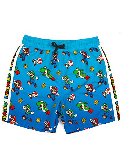 Super Mario Swim Shorts for Boys | Kids Mario Luigi Swimming Trunks Pants | Drawstring Waistband Blue Gamer Merchandise Gifts 7-8 Years