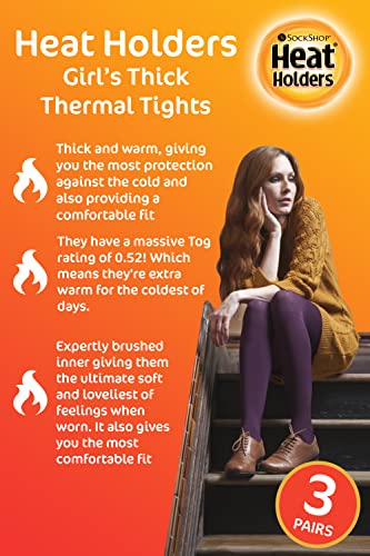 HEAT HOLDERS 3 Pair Multipack Girls Thermal Tights for Winter Kids Fleece Insulated Opaque Tights (11-13 Years, Black)