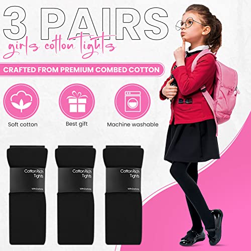 HiFEN® 3 Pairs Girls Cotton Rich Plain Tights Warm Soft Thick Formal Smart Casual Back to School Girl Tights