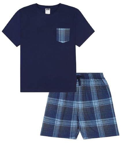 ThePyjamaFactory Boys Navy Blue Short Tartan Check Bottoms Pyjama Set Pjs For Kids (11-12 Years)