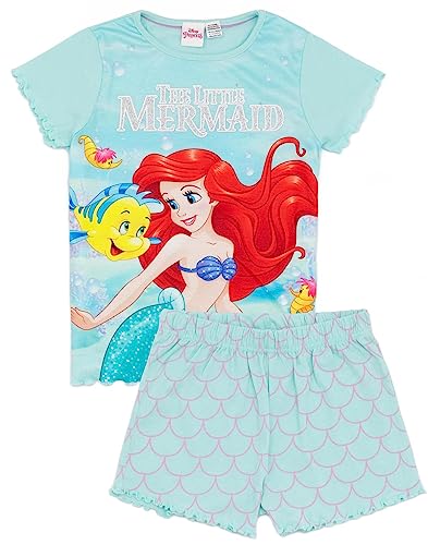 Disney The Little Mermaid Girls Pyjama Set | Blue Short Sleeve T-Shirt & Shorts Loungewear PJs For Kids | Ariel & Flounder Underwater Mermaid Tail Sleepwear | Movie Pyjama Nightwear Gift for Children