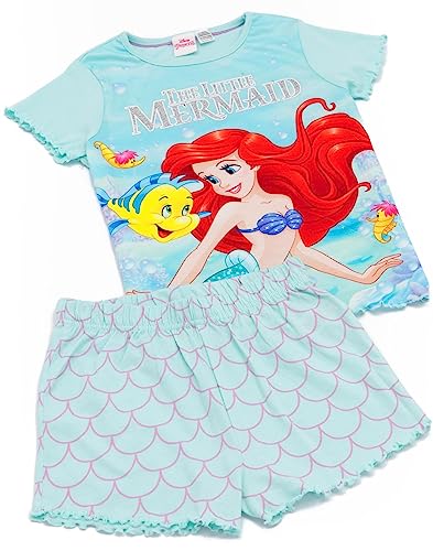 Disney The Little Mermaid Girls Pyjama Set | Blue Short Sleeve T-Shirt & Shorts Loungewear PJs For Kids | Ariel & Flounder Underwater Mermaid Tail Sleepwear | Movie Pyjama Nightwear Gift for Children
