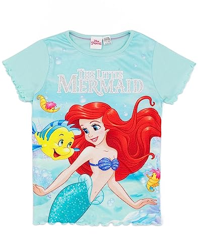 Disney The Little Mermaid Girls Pyjama Set | Blue Short Sleeve T-Shirt & Shorts Loungewear PJs For Kids | Ariel & Flounder Underwater Mermaid Tail Sleepwear | Movie Pyjama Nightwear Gift for Children