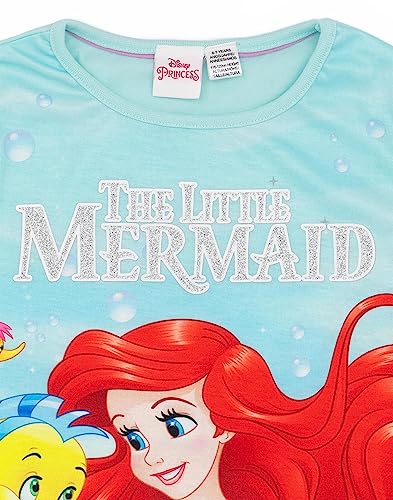 Disney The Little Mermaid Girls Pyjama Set | Blue Short Sleeve T-Shirt & Shorts Loungewear PJs For Kids | Ariel & Flounder Underwater Mermaid Tail Sleepwear | Movie Pyjama Nightwear Gift for Children
