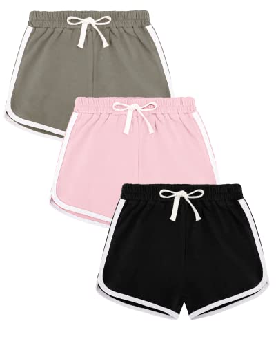Auranso Girls Athletic Shorts 6-14 Years Teen Kids Running PE Gym Sports Shorts Colourful Summer Casual Beach Short Pants 3 Pack Black Pink Grey, 10-12 Years