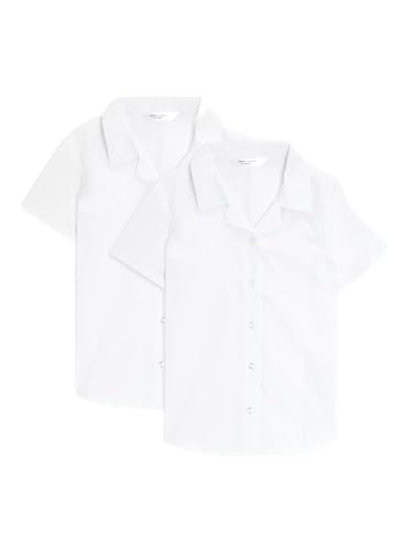 (Pack of 2) Girls School Blouse 3-18 Years Shirt Non Iron Revere Collar Open Collar Short Sleeve White