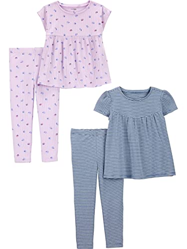 Simple Joys by Carter's Toddler Girls' 4-Piece Short-Sleeved Shirts and Trousers Playwear Set, Pack of 2, Blue Stripes/Lilac Fruit, 4 Years
