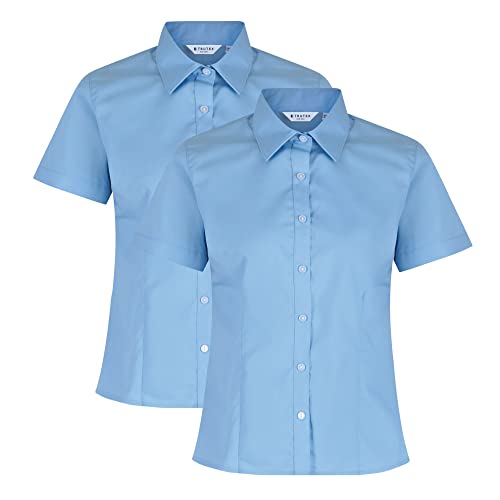 Trutex 2 Pack Girls Short Sleeve School Shirts (5-16+ Years) Girls Slim Fit School Shirts, 2 x School Shirts Girls, Non-Iron Short Sleeve School Shirts for Girls - Genuine School Uniform Blue