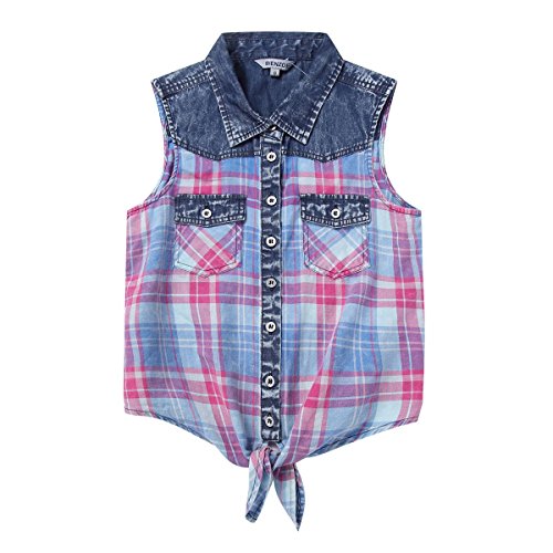 Bienzoe Girls Crop Tank Tops: Cowgirl Plaid Sleeveless Button Down Western Casual Blouse Red 12