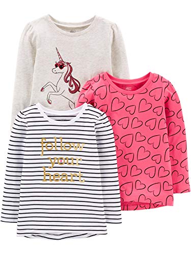 Simple Joys by Carter's Girls' 3-Pack Graphic Long-Sleeve Tees T-Shirt Set, Hearts/Stripes/Unicorn, 4 Years (Pack of 3)