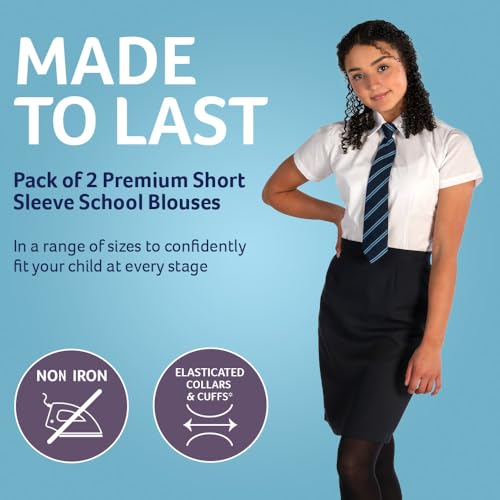 Trutex 2 Pack Girls Short Sleeve School Shirts (5-16+ Years) Girls Slim Fit School Shirts, 2 x School Shirts Girls, Non-Iron Short Sleeve School Shirts for Girls - Genuine School Uniform Blue