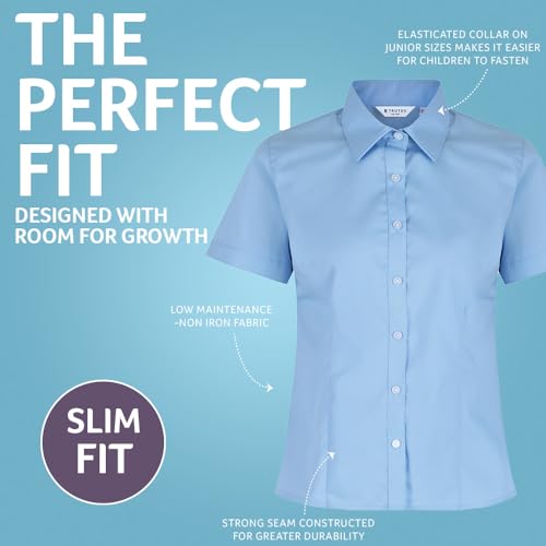 Trutex 2 Pack Girls Short Sleeve School Shirts (5-16+ Years) Girls Slim Fit School Shirts, 2 x School Shirts Girls, Non-Iron Short Sleeve School Shirts for Girls - Genuine School Uniform Blue