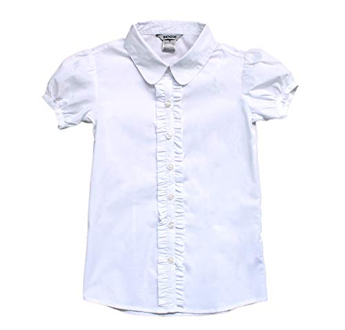 Bienzoe Girls School Uniform Shirt: Kids Summer Ruffle Button Down Short Sleeve Cotton Oxford White S