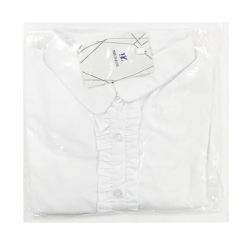 Bienzoe Girls School Uniform Shirt: Kids Summer Ruffle Button Down Short Sleeve Cotton Oxford White S