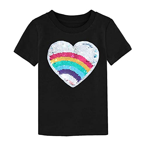 Girls Heart Multi Colour Sequins Patch Tee Shirt (Black, 8-10 Years)