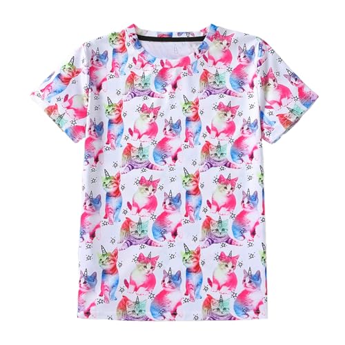 Momkonzz Kids T-Shirt Girls Clothes Short Sleeve Top Children Tee Shirts 3D Graphic Printed Shirt Novelty Summer Crew Neck Casual Pullover Pink Cat 9-10 Years