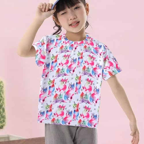 Momkonzz Kids T-Shirt Girls Clothes Short Sleeve Top Children Tee Shirts 3D Graphic Printed Shirt Novelty Summer Crew Neck Casual Pullover Pink Cat 9-10 Years