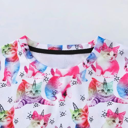 Momkonzz Kids T-Shirt Girls Clothes Short Sleeve Top Children Tee Shirts 3D Graphic Printed Shirt Novelty Summer Crew Neck Casual Pullover Pink Cat 9-10 Years