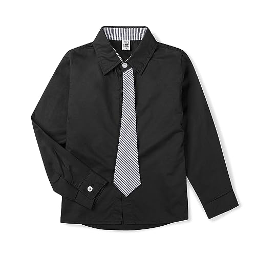 Aeslech Boy's Uniform Dress Shirt with Necktie Long Sleeve Button Down Tops Outfits Black Tag 150CM - 10 Years