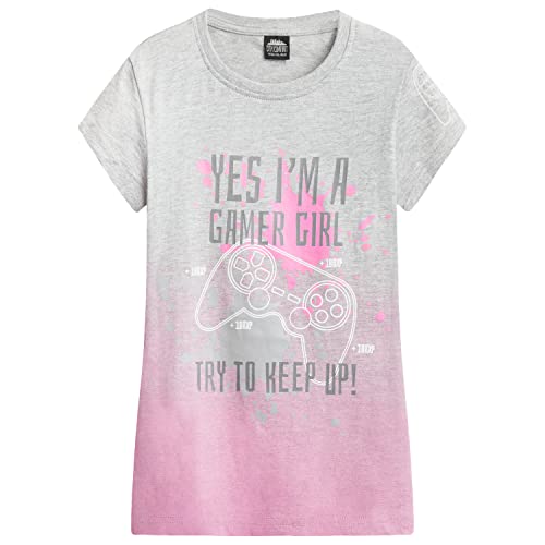 CityComfort Girls T Shirts, Gamer Girl T-Shirt 7-15 Years Gaming Merchandise (Grey/Pink, 9-10 Years)
