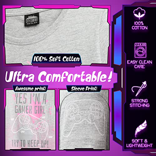 CityComfort Girls T Shirts, Gamer Girl T-Shirt 7-15 Years Gaming Merchandise (Grey/Pink, 9-10 Years)