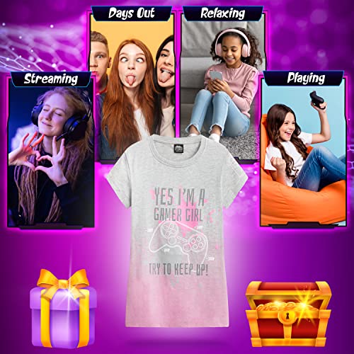 CityComfort Girls T Shirts, Gamer Girl T-Shirt 7-15 Years Gaming Merchandise (Grey/Pink, 9-10 Years)