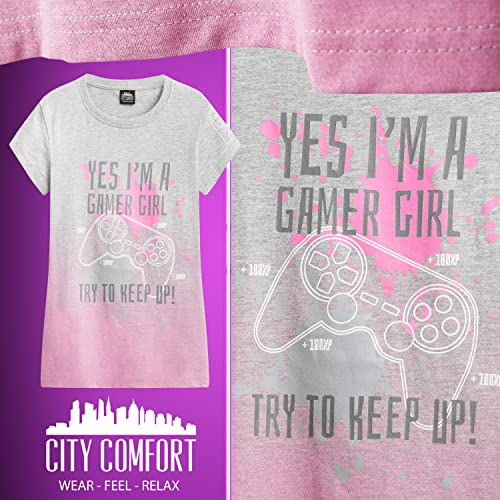 CityComfort Girls T Shirts, Gamer Girl T-Shirt 7-15 Years Gaming Merchandise (Grey/Pink, 9-10 Years)
