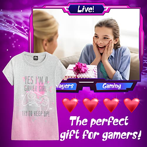 CityComfort Girls T Shirts, Gamer Girl T-Shirt 7-15 Years Gaming Merchandise (Grey/Pink, 9-10 Years)