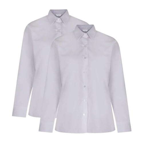 Trutex 2 Pack School Shirt Girls Blouses - Long Sleeve Non-Iron School Uniform (Age 9-10 Years / 28" Chest, White)