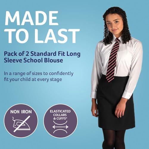 Trutex 2 Pack School Shirt Girls Blouses - Long Sleeve Non-Iron School Uniform (Age 9-10 Years / 28" Chest, White)