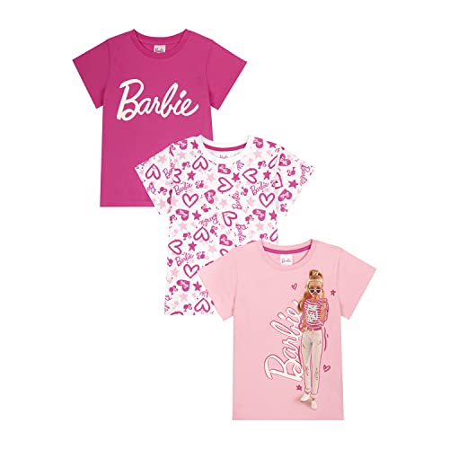 Barbie 3PK T-Shirts for Girls, Short Sleeve T-Shirts Pack of 3 Girls Summer Top, Ages 3 to 10 Years Old (as8, Age, 7_Years, 8_Years, Regular) Multi