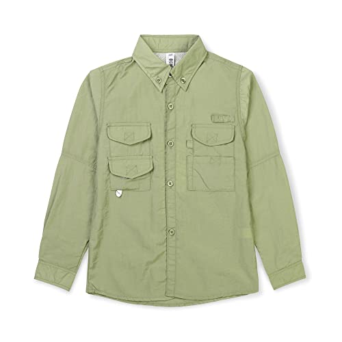 Aeslech Boys' Long Sleeve Button Down Explorer Scout Shirt Quick-Dry UV Sun Protection Outdoor Hiking Safari Khaki 140-8-9Y