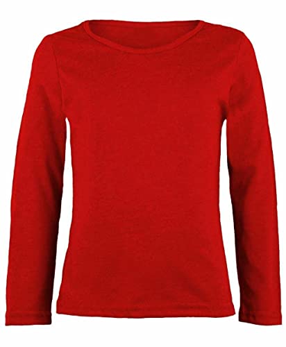LUXE DIVA Girls Boy Kids Plain Basic Long Sleeve Round Neck T-Shirt Stretch School Tee Top 2-13 Years Red