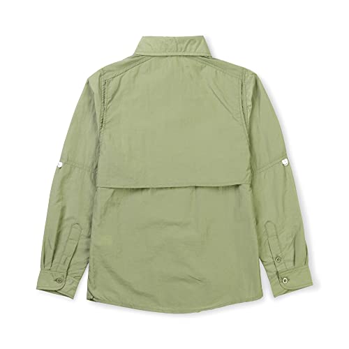 Aeslech Boys' Long Sleeve Button Down Explorer Scout Shirt Quick-Dry UV Sun Protection Outdoor Hiking Safari Khaki 140-8-9Y