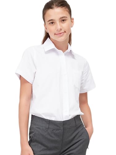 Girls School Blouse Shirt Short Sleeve White Sky Blue (Age 16-17 Years, White)