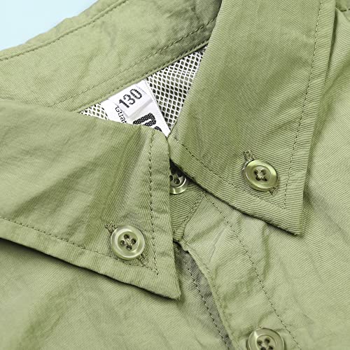 Aeslech Boys' Long Sleeve Button Down Explorer Scout Shirt Quick-Dry UV Sun Protection Outdoor Hiking Safari Khaki 140-8-9Y