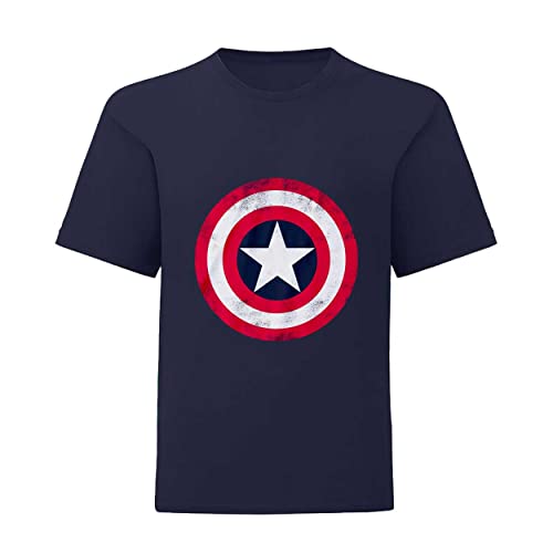 Marvel Crew Neck T-Shirt for Boys, Captain America Distressed Shield Print, 100% Cotton, Official Merchandise, Ages 3 to 15 | Avengers T-Shirt, Gift Idea for Boys Navy