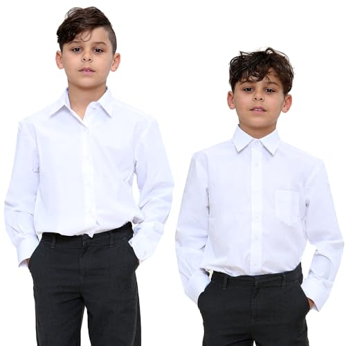 2 Pack Kids Boys White Plain Button Down Long Sleeve Uniform School Shirt Easy Iron (2 Pack White, Long Sleeve, Age 11-12)