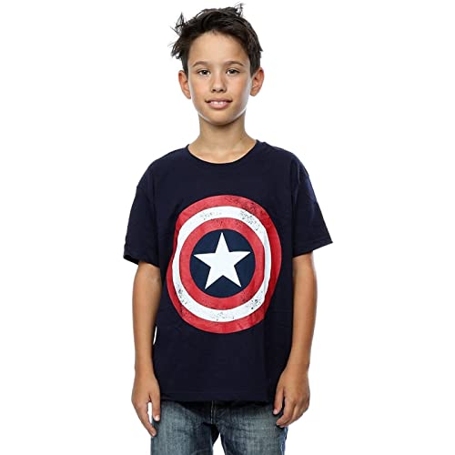 Marvel Crew Neck T-Shirt for Boys, Captain America Distressed Shield Print, 100% Cotton, Official Merchandise, Ages 3 to 15 | Avengers T-Shirt, Gift Idea for Boys Navy