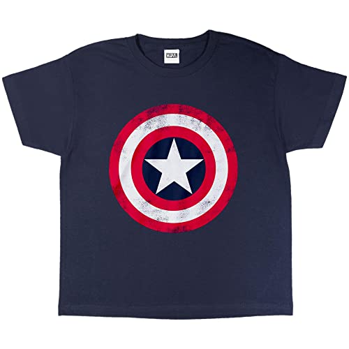 Marvel Crew Neck T-Shirt for Boys, Captain America Distressed Shield Print, 100% Cotton, Official Merchandise, Ages 3 to 15 | Avengers T-Shirt, Gift Idea for Boys Navy
