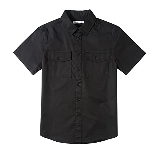 Tronjori Boys Short Sleeve Button Down Casual Woven Shirt Two Pockets(16,Black)