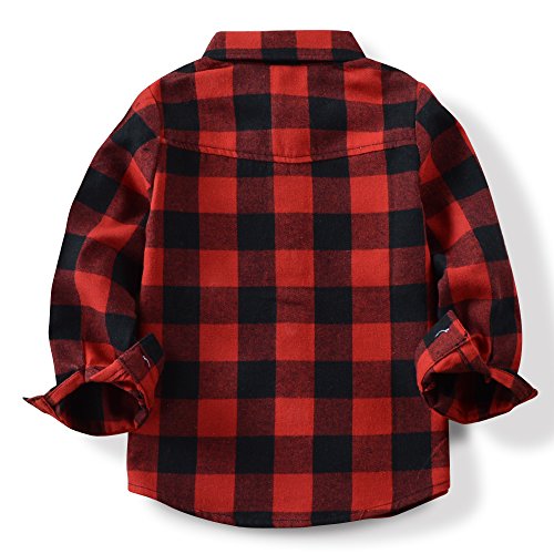 OCHENTA Little Kids Boys' Girls' Long Sleeve Button Down Plaid Flannel Shirt E001 Red Black Tag 170CM - 10-11 Years
