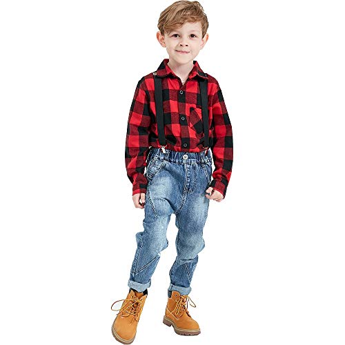 GRANDWISH Kids Long Sleeve Plaid Cotton Shirt Red Black 13-14 Years