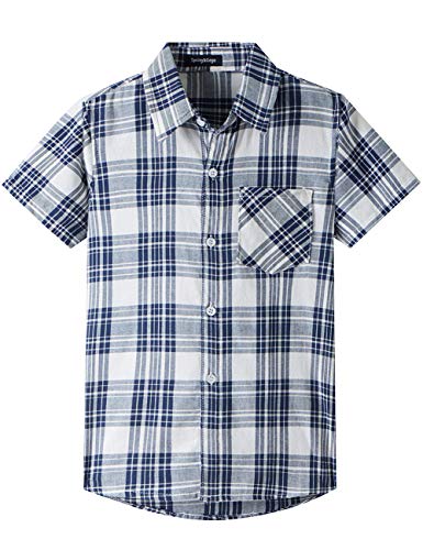 Spring&Gege Boys' Short Sleeve Plaid Button Down Cotton Sport Dress Shirts, Navy Blue Check Gingham, Size 13-14 Years